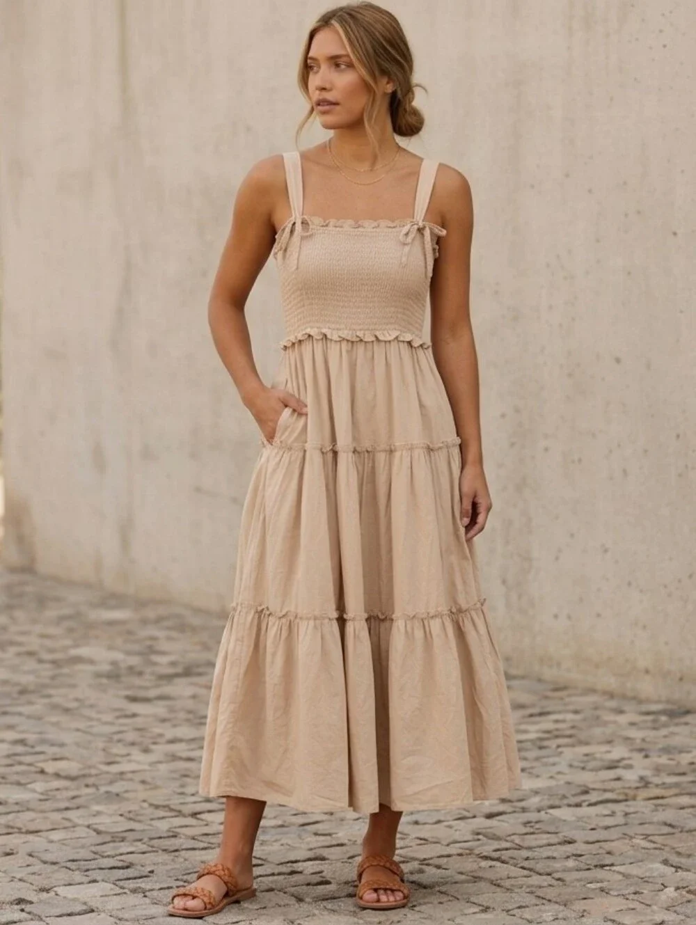 ✨Jacquie the Label Tan Tiered Sundress – Women’s Medium